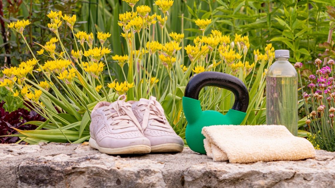 a pair of shoes sitting on top of a rock next to a garden